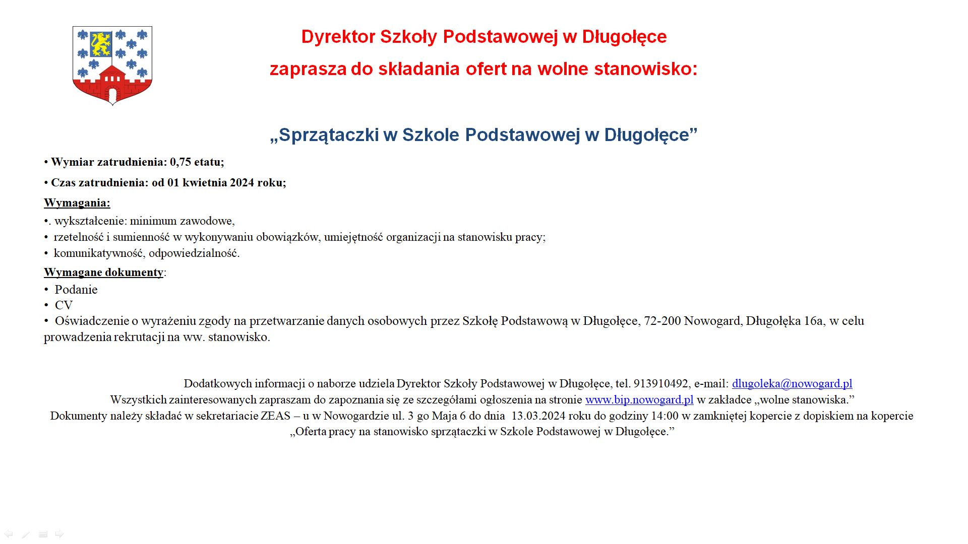 OFERTY PRACY W SZKOŁE PODSTAWOWEJ W DŁUGOŁĘCE